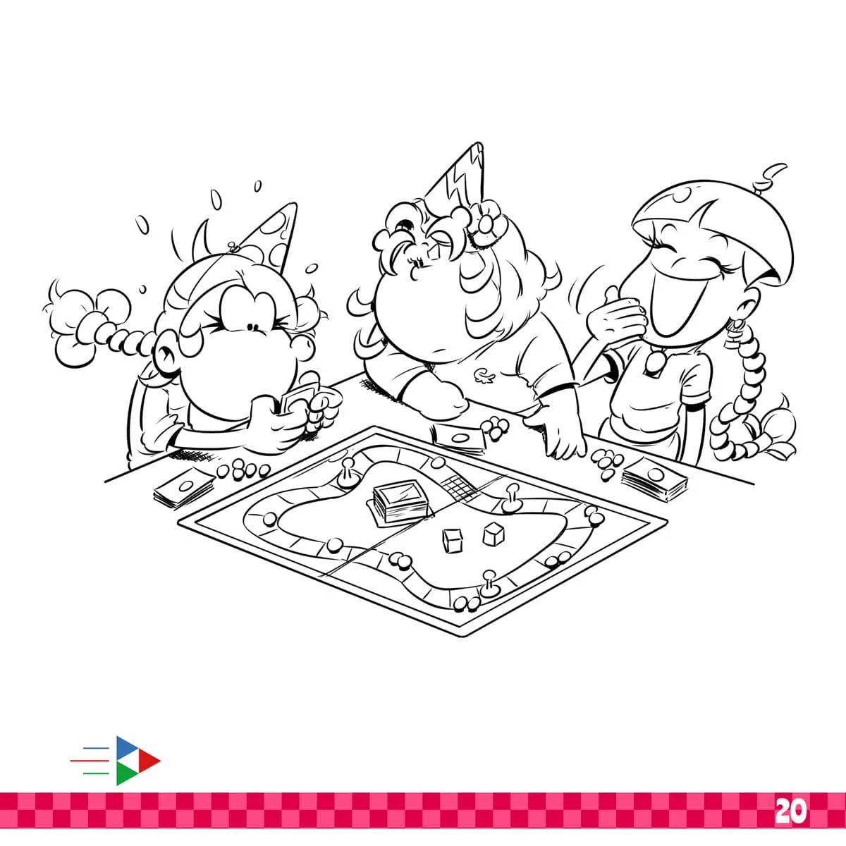 Coloriage d'anniversaire à imprimer : dessin au trait de Thérébentine, Idrogène et Petit Dragon en pleine partie de jeu de société, chapeaux de fête sur la tête, à colorier.