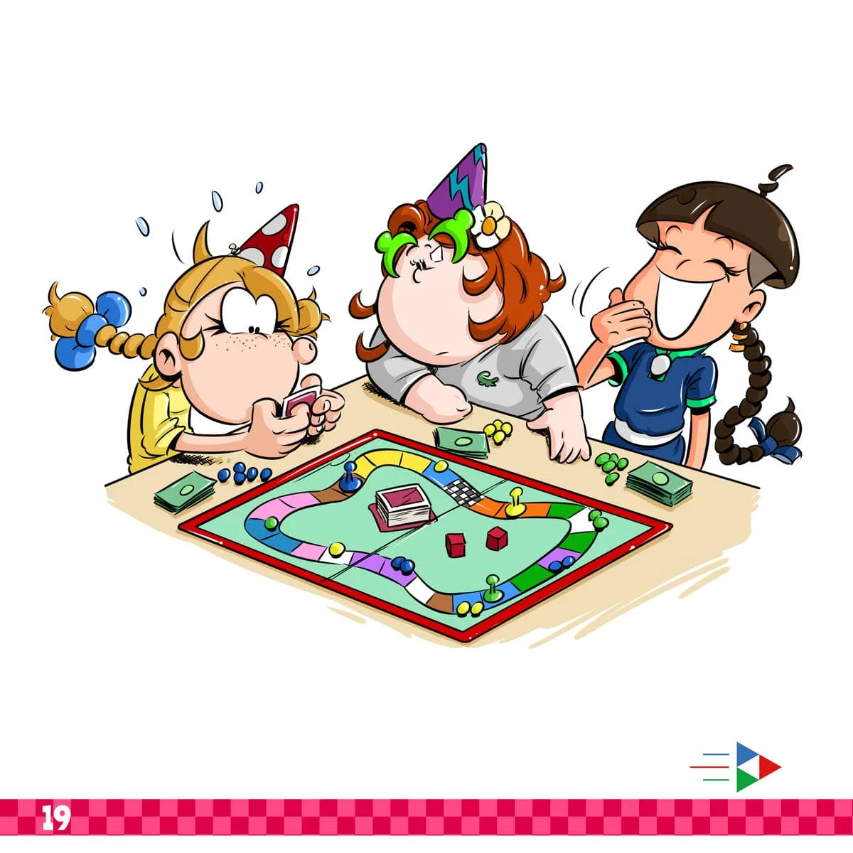Coloriage d'anniversaire, modèle en couleur : Thérébentine inquiète devant ses cartes, Idrogène qui boude et Petit Dragon qui rit, version colorée à suivre pour ton coloriage.